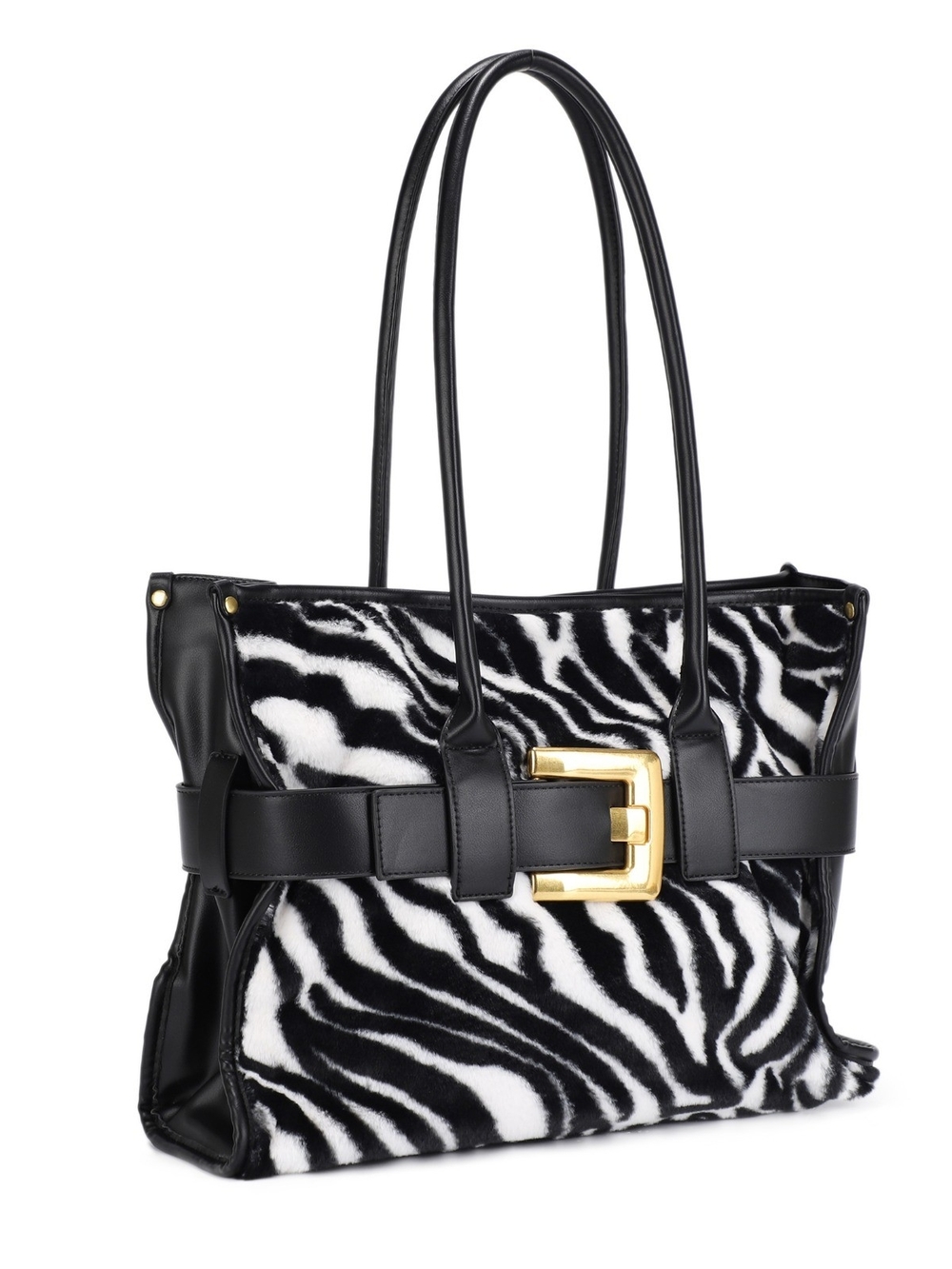 Zebra Print Faux Fur Tote Bag with Gold Buckle